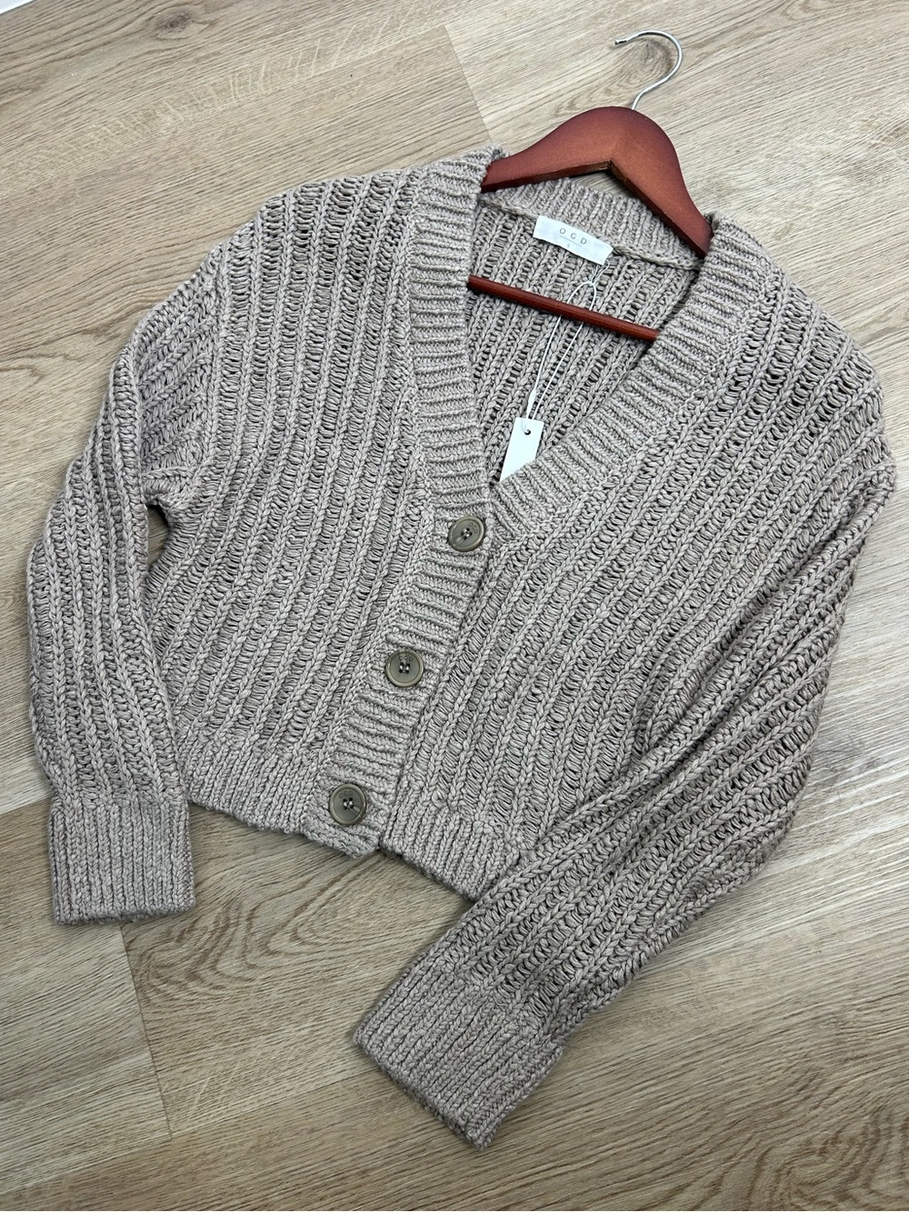 NWT One Grey Day 100% Cotton Taupe Tan Thick Knit Button Down Cardigan Sweater